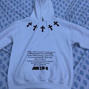 White Hoodie with Cross Design and John 3:16-18 Print